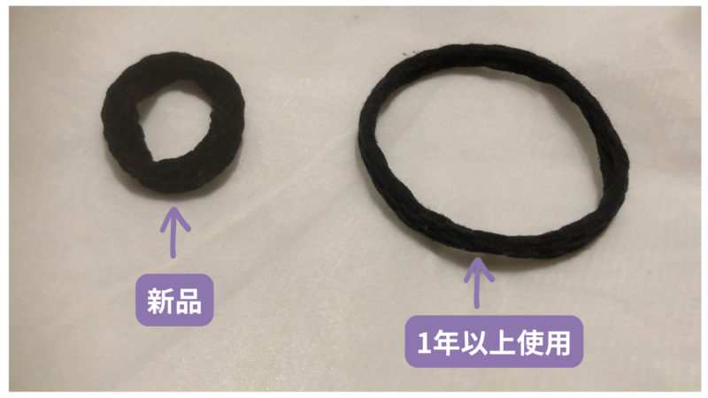 【100均ダイソー】洗えるヘアゴムを1年以上使ったので、新品と比較